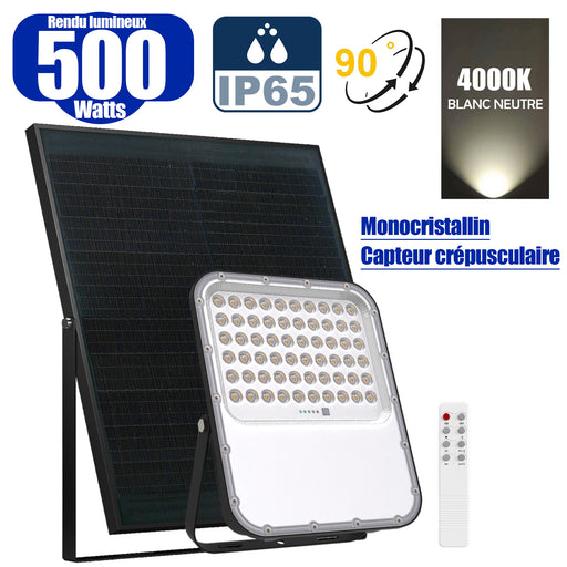 Projecteur LED solaire - Série BIG BOY V3 - 500 Watts - 2800 Lumens - 90° - IP65 - Lampe 28 x 23 x 5 cm - Panneau solaire MONOCRISTALLIN FULL BLACK 39 x 30 x 2 cm - Télécommande - 4000k - Structure ALUMINIUM