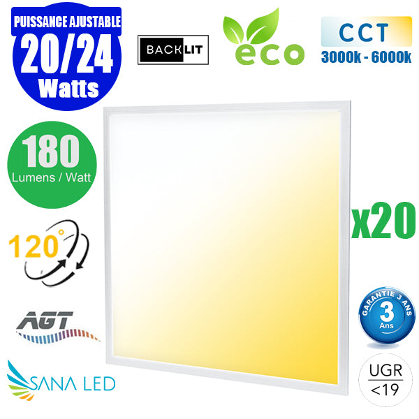 Pack de 20x Dalles LED Dernière génération - BACKLIT - 60 x 60 cm - Série AMBITION EVO - CCT (Couleur Changeante en Température) – Puissance ajustable 20 à 24 Watts - 180 Lumens/Watt - Transformateur inclus - UGR <19 - Garantie 3 ans