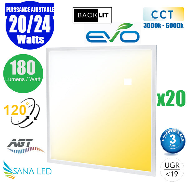 Pack de 20x Dalles LED Dernière génération - BACKLIT - 60 x 60 cm - Série AMBITION EVO - CCT (Couleur Changeante en Température) – Puissance ajustable 20 à 24 Watts - Jusqu'à 4320 Lumens - 180 Lumens/Watt - Transformateur inclus - UGR <19 - Garantie 3 ans