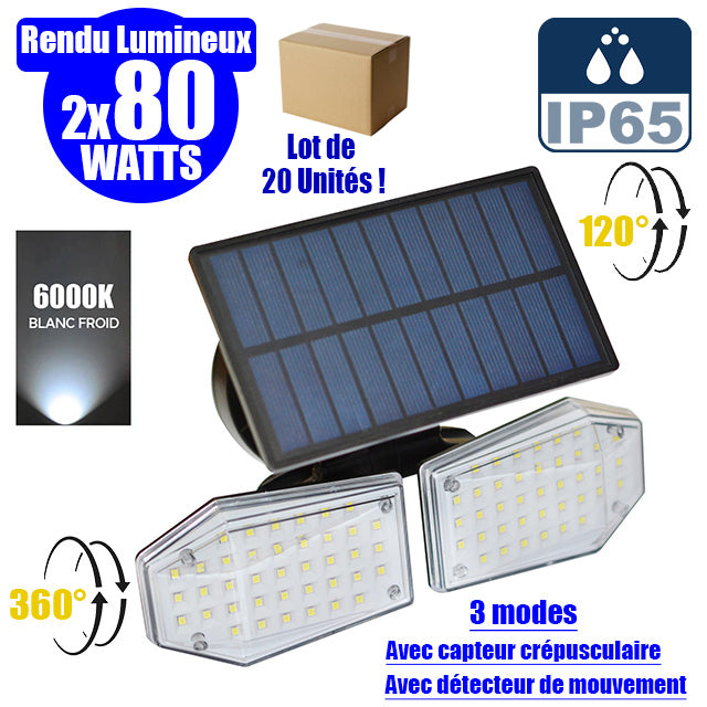 Lot de 20x Projecteurs LED solaires à double tête ajustable - Série OPTIC - Rendu lumineux 2x 80 Watts - Multi angles d'installation - IP65 - 14 x 9 cm - Détecteur de mouvement - 6000k - 3 Modes de fonctionnement