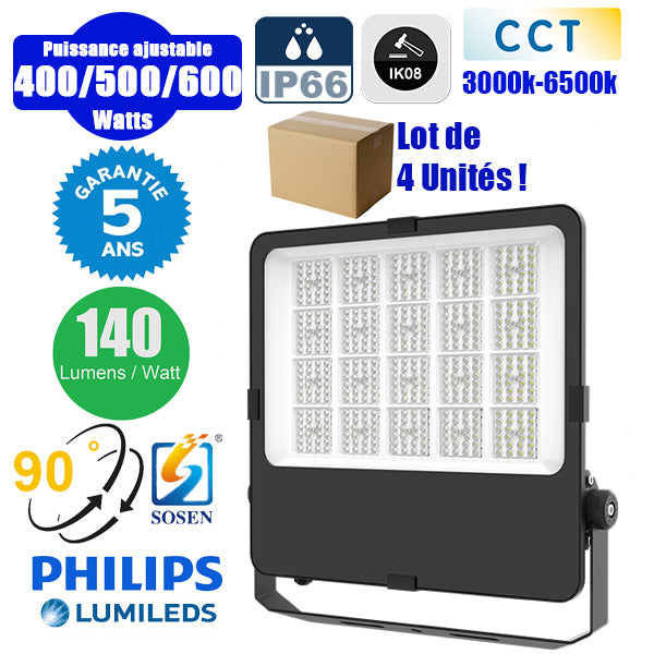 Lot de 4x Projecteurs LED filaires CCT (Couleur Changeante en Température) - Série CITY PLUS EVO V2 - Modèle 9 en 1 - Puissance ajustable 400 / 500 / 600 Watts - 140 Lumens/Watt - Angle 90° - 62 x 52 x 6 cm - IP66 - IK08 - Câble 1 mètre - Garantie 5 ans