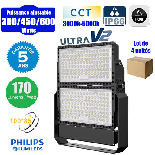 Lot de 4x Projecteurs LED filaires CCT - Série CITY PLUS ULTRA V2 - Puissance ajustable 300 / 450 / 600 Watts - Jusqu'à 102 000 Lumens - 170 Lumens/Watt - Angle 150*80° - IP66 - IK08 - 52 x 45 x 7 cm - Support ajustable 270° - Câble 50cm - Garantie 5 ans