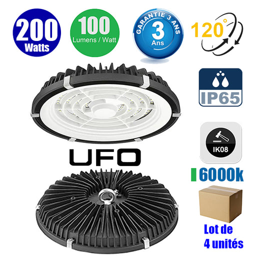 Lot de 4x Lampes industrielles UFO - Série LIGHT V2 - 200 Watts - 20 000 Lumens - 100 Lumens/Watt - Angle 120° - IP65 - Protection à l'impact IK08 - 32 x 5 cm - Couleur éclairage 6000K - Garantie 3 ans