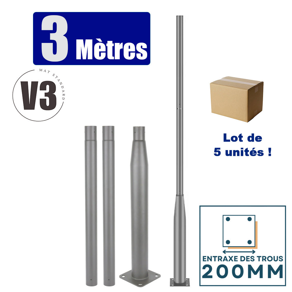 Lot de 5x Mâts / Poteaux pour lampe de rue - Nouveau design - Série STANDARD V3 EVO - 3 mètres - Entraxe latéral des trous 200mm - Couleur GRIS - Finition épurée