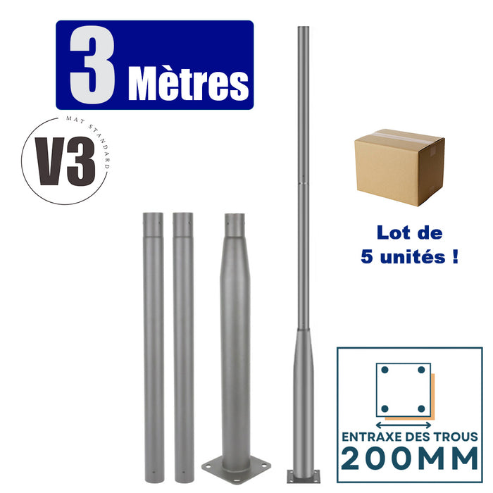 Lot de 5x Mâts / Poteaux pour lampe de rue - Nouveau design - Série STANDARD V3 EVO - 3 mètres - Entraxe latéral des trous 200mm - Couleur GRIS - Finition épurée