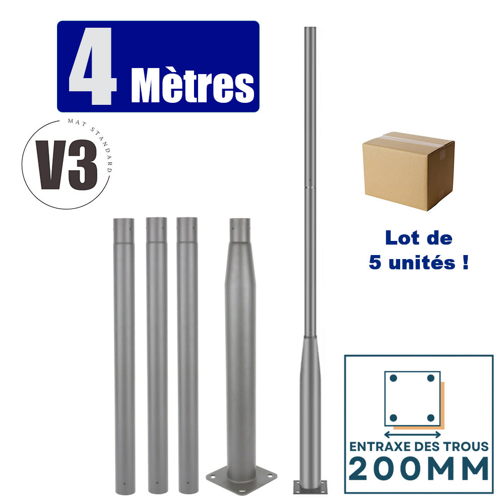 Lot de 5x Mâts / Poteaux pour lampe de rue - Nouveau design - Série STANDARD V3 EVO - 4 mètres - Entraxe latéral des trous 200mm - Couleur GRIS - Finition épurée