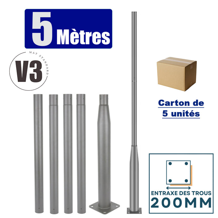 Lot de 5x Mâts / Poteaux pour lampe de rue - Nouveau design - Série STANDARD V3 EVO - 5 mètres - Entraxe latéral des trous 200mm - Couleur GRIS - Finition épurée