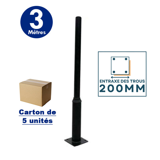 Lot de 5x Mâts / Poteaux pour lampe de rue - Série STANDARD V1 EVO - 3 mètres - Entraxe latéral des trous 200mm - Couleur Noir