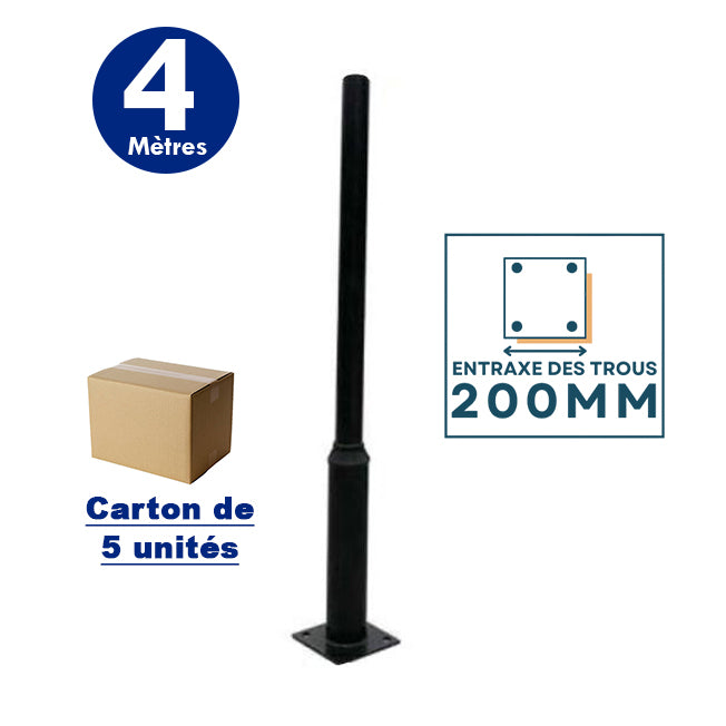 Lot de 5x Mâts / Poteaux pour lampe de rue - Série STANDARD V1 EVO - 4 mètres - Entraxe latéral des trous 200mm - Couleur Noir