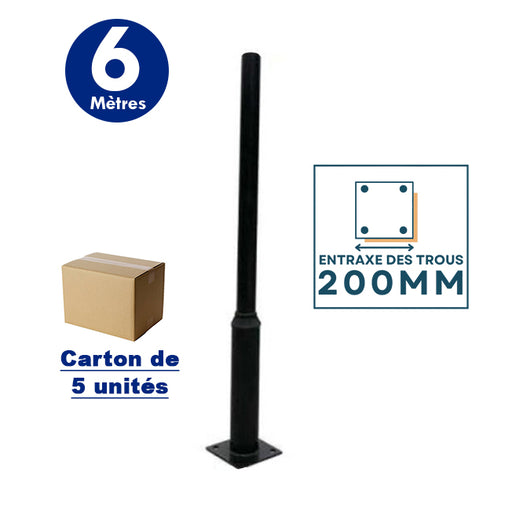 Lot de 5x Mâts / Poteaux pour lampe de rue - Série STANDARD V1 EVO - 6 mètres - Entraxe latéral des trous 200mm - Couleur Noir