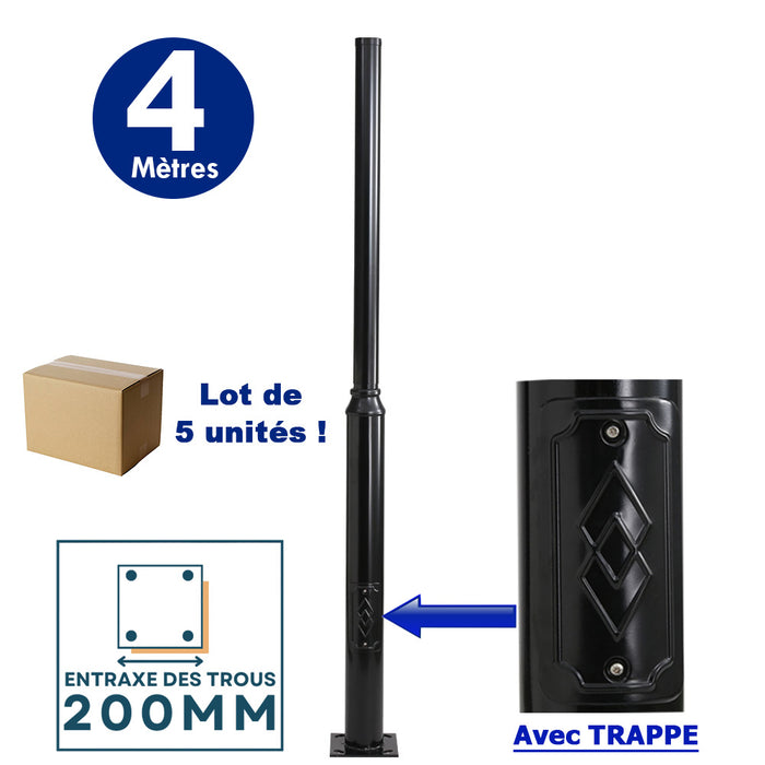 Lot de 5x Mâts / Poteaux pour lampe de rue - Série STANDARD V2 EVO avec TRAPPE - Vis antivol - 4 mètres - Entraxe latéral des trous 200mm - Couleur Noir