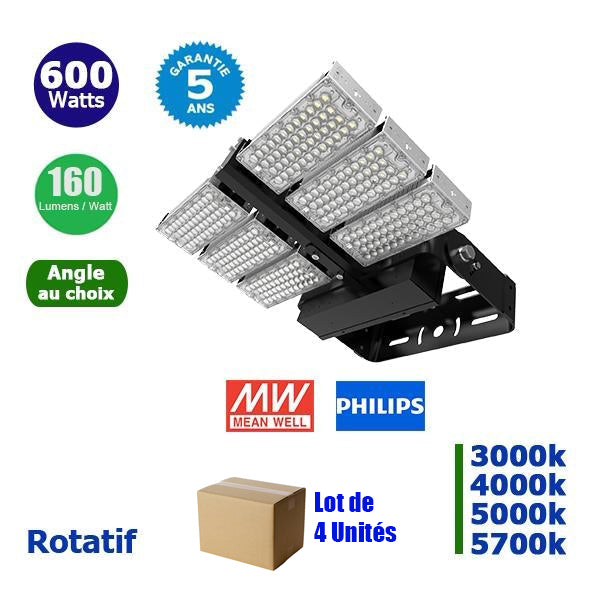 Lot de 4x Projecteurs haute puissances LED de stade - Série Évasion - 600 Watts - 96 000 Lumens - 160 Lumens/Watt -  649 x 375 x 132 mm - Angle 20° / 40° / 60° / 90° / 140*100° / 120° au choix - IP65 - Rotatif - Garantie 5 ans