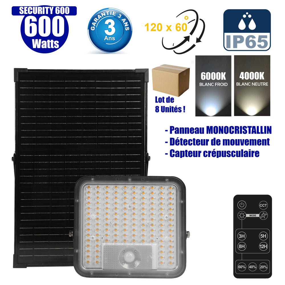 Lot de 8x Projecteurs LED solaires - Série SECURITY 600 - 600 Watts - 9600 Lumens - Angle 120*60° - IP65 - Lampe 26 x 25 x 6 cm - Panneau solaire MONOCRISTALLIN 37 x 26 x 2 cm - Avec détecteur de mouvement - Télécommande - 4000k/6000k - Garantie 3 ans