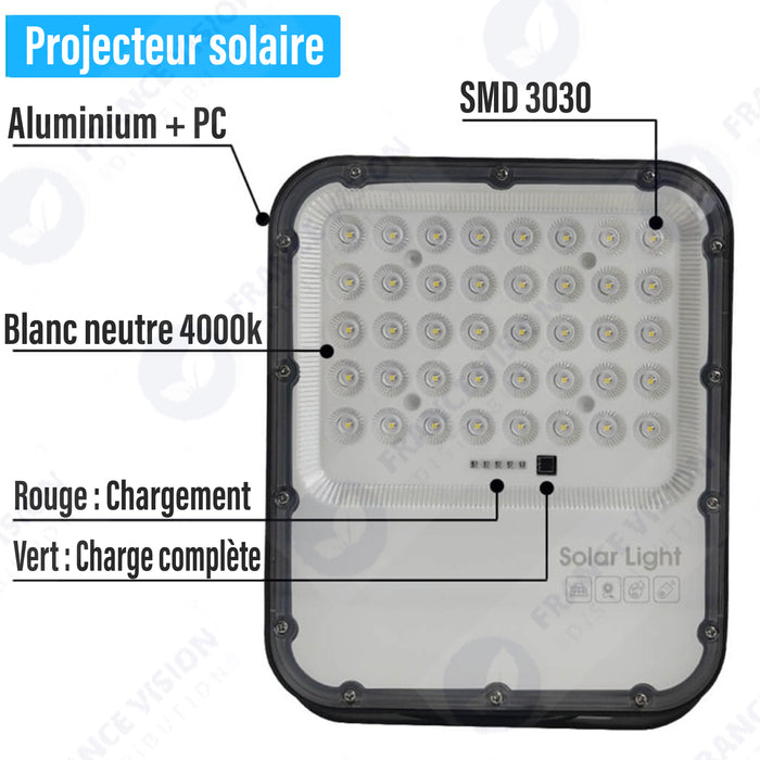 Lot de 5x Projecteurs LED solaires - Série BIG BOY V3 - 700 Watts - 4200 Lumens - 90° - IP65 - Lampe 33 x 28 x 5 cm - Panneau solaire MONOCRISTALLIN FULL BLACK 39 x 43 x 2 cm - Télécommande - 4000k - Structure ALUMINIUM