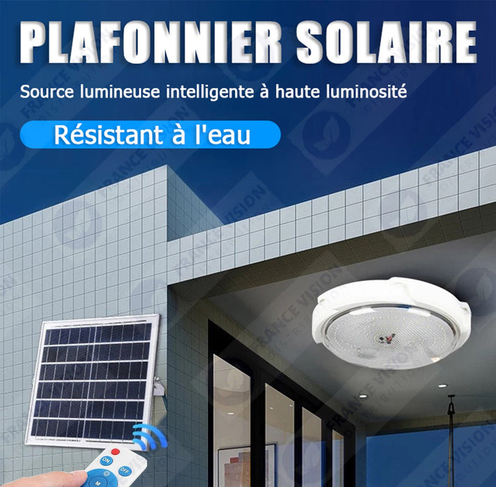 Lot de 10x Doubles Plafonniers LED Solaires CCT (Couleur Changeante en Température ) - Rendu lumineux 200 Watts - Série HOME DOUBLE 200 – 2x 1100 Lumens - Lampe diamètre 36 cm - Panneau solaire 70 x 35 x 2 cm - IP65 - Avec télécommande multifonctions