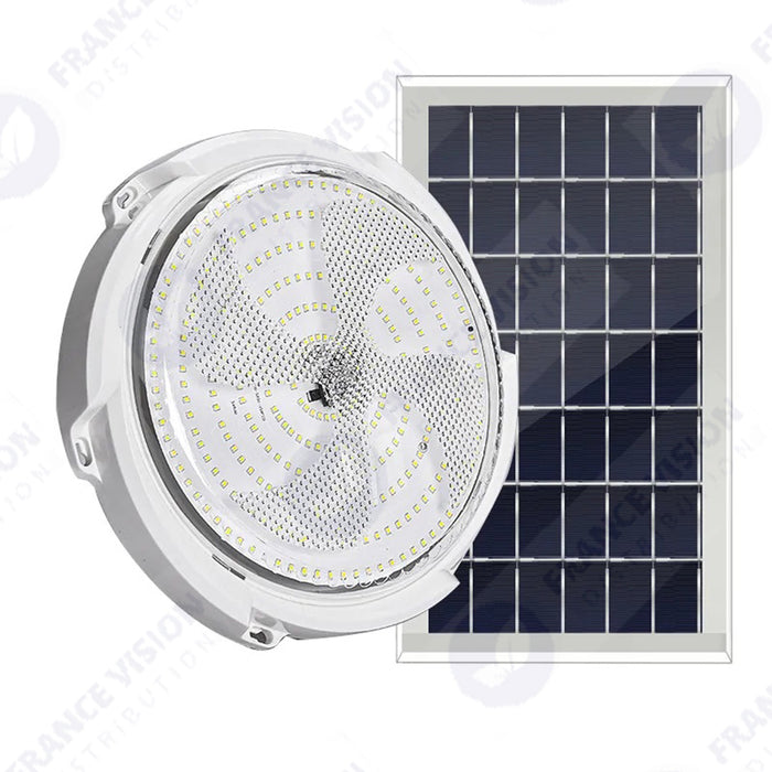 Plafonnier LED Solaire CCT (Couleur Changeante en Température ) - Rendu lumineux 300 Watts - 1600 Lumens - Série HOME 300 – Lampe diamètre 36 cm - Panneau solaire 58 x 35 x 2cm - IP65 - Avec télécommande multifonctions