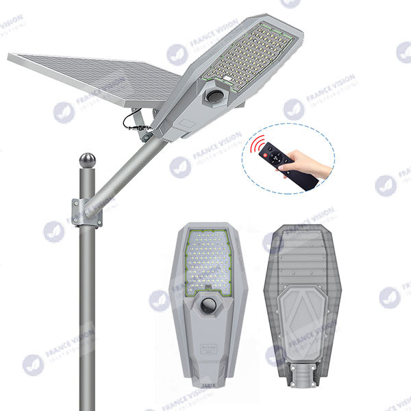 Lot de 4x Lampes de rue solaire - Série INTERSTELLAR ULTRA - 600 Watts - 3600 Lumens - Angle 150x70° - IP65 - Lampe 62 x 30 x 8 cm - Controleur intelligent - Avec télecommande - Capteur PIR - 6000k - Support inclus - Capteur crépusculaire