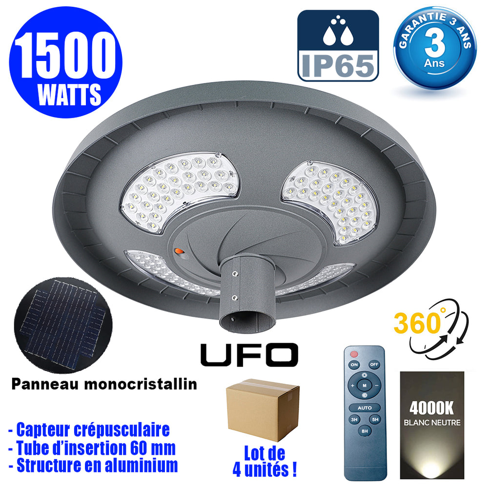 Lot de 4x Lampes solaires pour extérieur - Série OVNI FUTUR V2 - 1500 Watts - 3200 Lumens - Angle 360° - IP65 - 61 x 19 cm - Tube d'insertion 76 mm - Structure en aluminium - Capteur crépusculaire - Télécommande multifonctions - 4000k - Garantie 3 ans