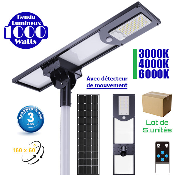 Lot de 5x Lampes de rue solaire ajustable - Série DREAM V2 - 1000 Watts - 10 000 Lumens - 133 x 37 x 17 cm - Angle 160*60° - IP65 - Diamètre du tube 76mm - Télécommande - Avec détecteur de mouvement - 6 modes - Garantie 3 ans - 3000k / 4000k / 6000k