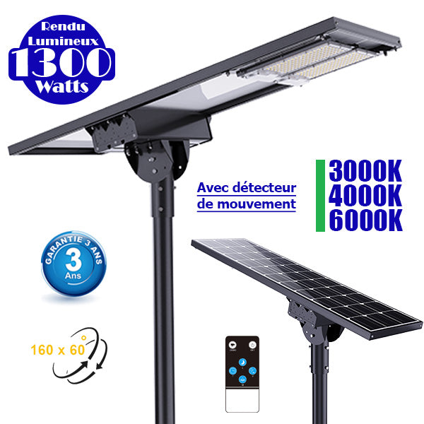 Lampe de rue solaire ajustable - Série DREAM V2 - 1300 Watts - 13 000 Lumens - 131 x 53 x 17 cm -  Angle 160*60° - IP65 - Diamètre du tube 76mm - Télécommande - Avec détecteur de mouvement - 6 modes - Garantie 3 ans - 3000k / 4000k / 6000k au choix