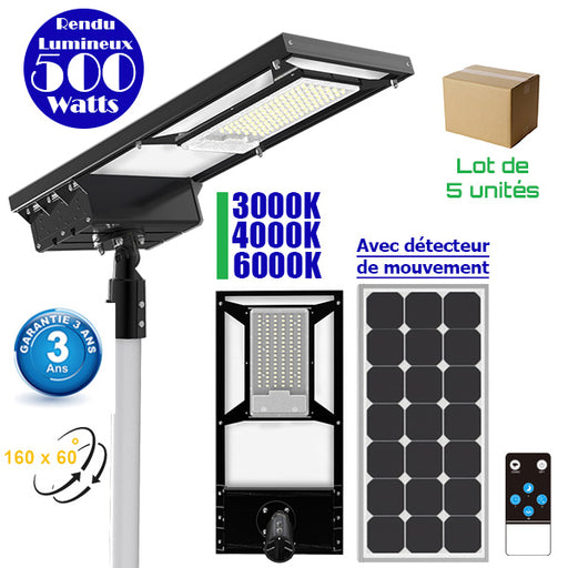 Lot de 5x Lampes de rue solaire ajustable - Série DREAM V2 - 500 Watts - 5000 Lumens - 76 x 37 x 16 cm -  Angle 160*60° - IP65 - Diamètre du tube 60mm - Télécommande - Avec détecteur de mouvement - 6 modes - Garantie 3 ans - 3000k / 4000k / 6000k au choix