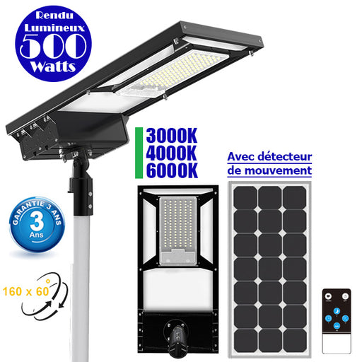 Lampe de rue solaire ajustable - Série DREAM V2 - 500 Watts - 5000 Lumens - 76 x 37 x 16 cm -  Angle 160*60° - IP65 - Diamètre du tube 60mm - Télécommande - Avec détecteur de mouvement - 6 modes - Garantie 3 ans - 3000k / 4000k / 6000k au choix