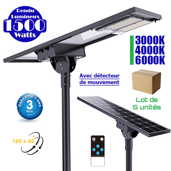 Lot de 5x Lampes de rue solaire ajustable - Série DREAM V2 - 1500 Watts - 15 000 Lumens - 131 x 53 x 17 cm -  Angle 160*60° - IP65 - Diamètre du tube 76mm - Télécommande - Avec détecteur de mouvement - 6 modes - Garantie 3 ans - 3000k / 4000k / 6000k