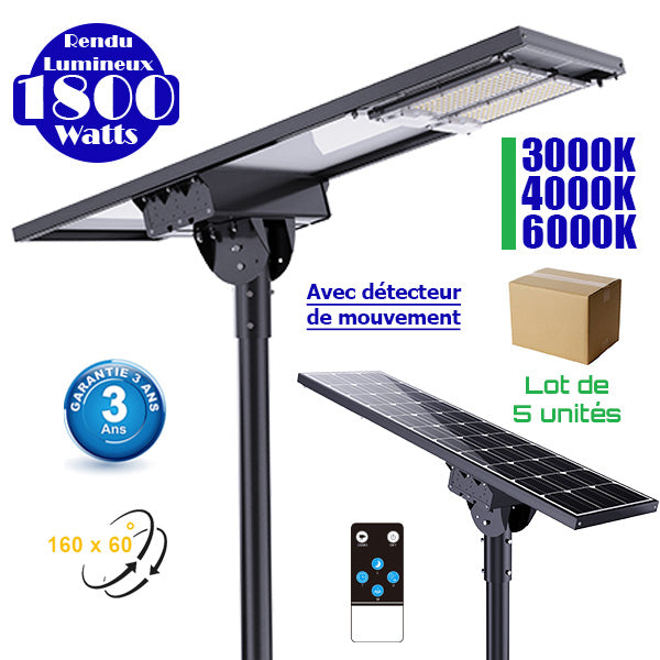 Lot de 5x Lampes de rue solaire ajustable - Série DREAM V2 - 1800 Watts - 18 000 Lumens - 131 x 53 x 17 cm -  Angle 160*60° - IP65 - Diamètre du tube 76mm - Télécommande - Avec détecteur de mouvement - 6 modes - Garantie 3 ans - 3000k / 4000k / 6000k