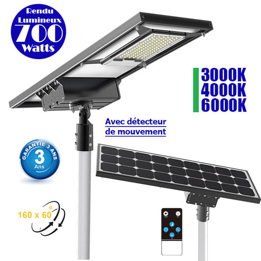 Lampe de rue solaire ajustable - Série DREAM V2 - 700 Watts - 7000 Lumens - 100 x 37 x 17 cm -  Angle 160*60° - IP65 - Diamètre du tube 60mm - Télécommande - Avec détecteur de mouvement - 6 modes - Garantie 3 ans - 3000k / 4000k / 6000k au choix