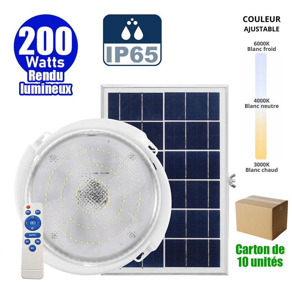 Carton / Lot de 10x Plafonniers LED Solaires CCT (Couleur Changeante en Température ) - Série HOME 200 - Rendu lumineux 200 Watts - 1200 Lumens – Lampe diamètre 32cm - Panneau solaire 42 x 35 x 2cm - IP65 - Avec télécommande multifonctions