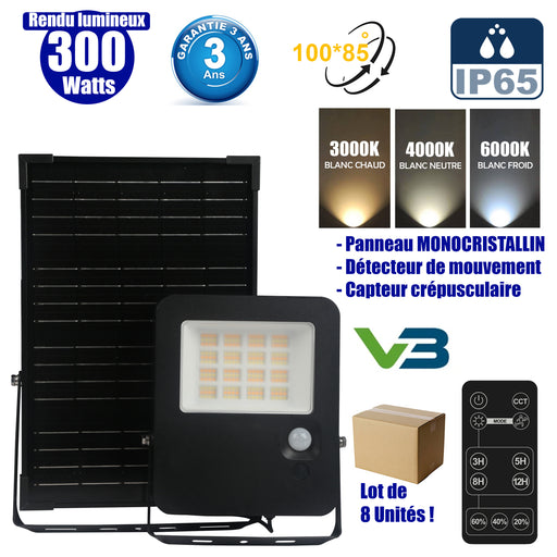 Lot de 8x Projecteurs LED solaires - Série SECURITY V3 - 300 Watts - 4800 Lumens - Angle 100*85° - Lampe 24 x 20 x 4 cm - Panneau solaire MONOCRISTALLIN 37 x 26 x 2 cm - Avec détecteur de mouvement - Télécommande - 3000k/4000k/6000k - Garantie 3 ans