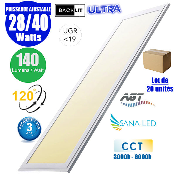 Lot de 20x Dalles LED Dernière génération - BACKLIT - 30 x 120 cm - Série AMBITION ULTRA - CCT – Puissance ajustable 28 à 40 Watts - Jusqu'à 5600 Lumens - 140 Lumens/Watt - Transformateur inclus - UGR <19 - Garantie 3 ans