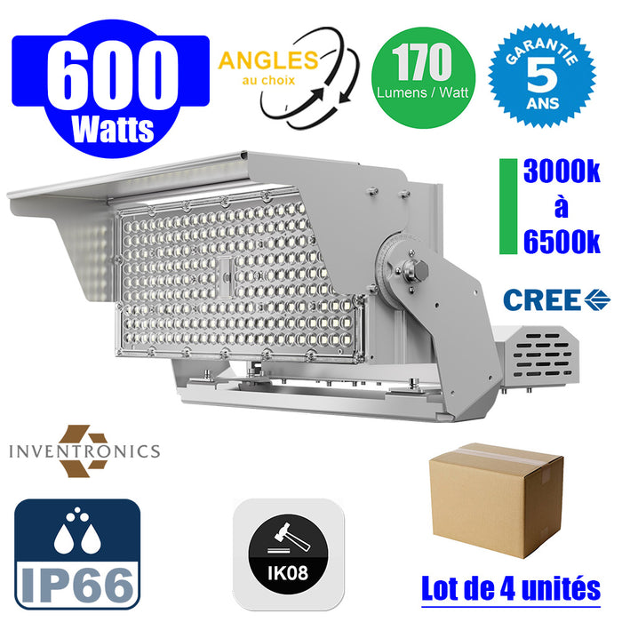 Lot de 4x Projecteurs hautes puissances LED de stade filaire - Série EVOLUTION V2 - 600 Watts - 102 000 Lumens - 170 Lumens/Watt - Angle 20° / 30° / 60° / 90° / MBP20 / MLP30 / MBP45 / MBP70 au choix - IP66 - IK08 - 3000K à 6500K - Garantie 5 ans