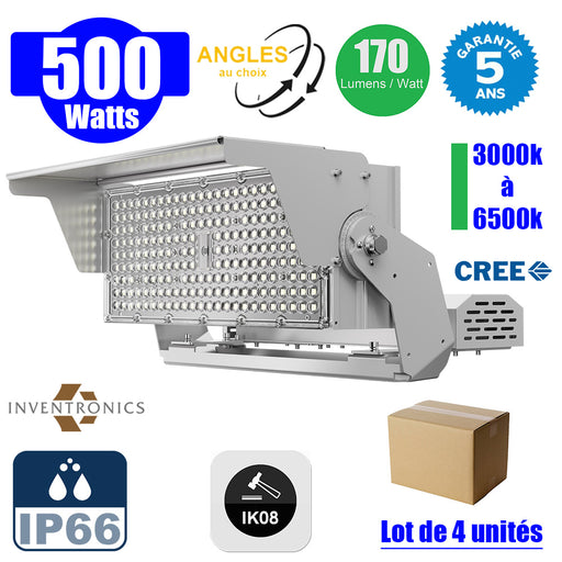 Lot de 4x Projecteurs hautes puissances LED de stade filaire - Série EVOLUTION V2 - 500 Watts - 85 000 Lumens - 170 Lumens/Watt - Angle 20° / 30° / 60° / 90° / MBP20 / MLP30 / MBP45 / MBP70 au choix - IP66 - IK08 - 3000K à 6500K - Garantie 5 ans