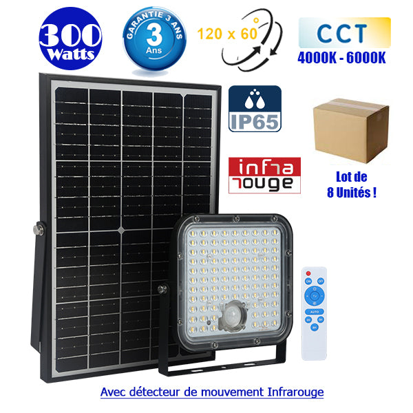 Lot de 8x Projecteurs LED solaires CCT (Couleur Changeante en Température) - Série SECURITY V1 - Rendu lumineux 300 Watts - 4800 lumens - Angle 120° x 60° - IP65 - Lampe 20 x 19 x 5 cm - Panneau solaire monocristallin - Détecteur PIR - Garantie 3 ans