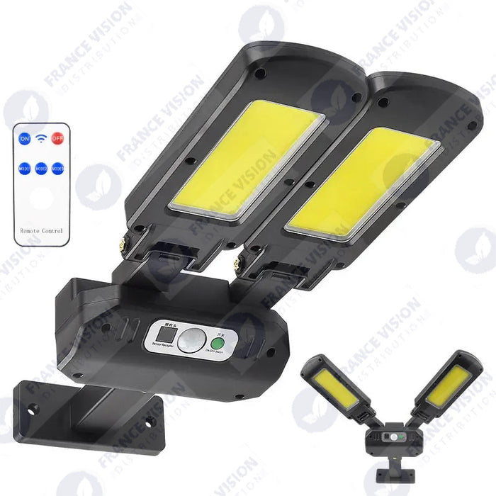 Lot de 24x Lampes LED solaires à double tête ajustable - Série MOBILE - Rendu lumineux 2x 80 Watts - Angle 160° - IP65 - 373 x 140 x 100 mm - COB LED - 3 modes - Télécommande - Détecteur de mouvement PIR – Fonction détection 0-100% - Capteur crépusculaire