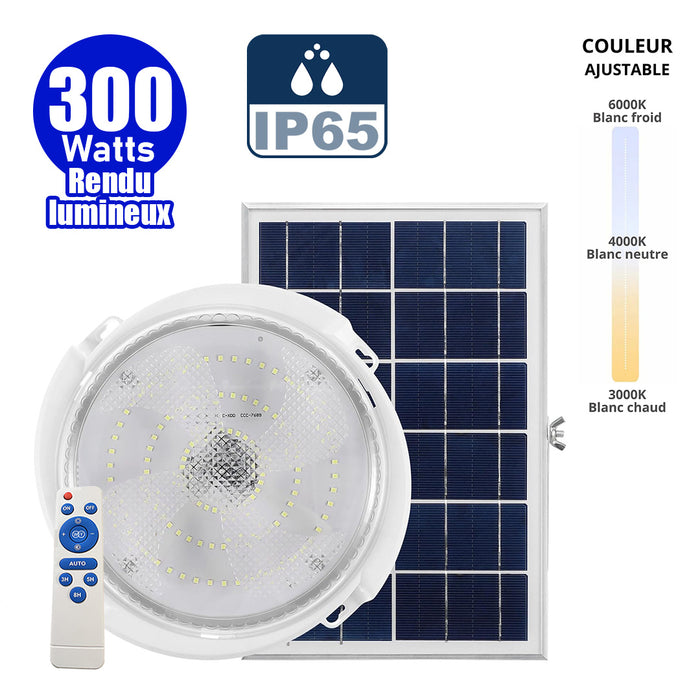 Plafonnier LED Solaire CCT (Couleur Changeante en Température ) - Rendu lumineux 300 Watts - 1600 Lumens - Série HOME 300 – Lampe diamètre 36 cm - Panneau solaire 58 x 35 x 2cm - IP65 - Avec télécommande multifonctions