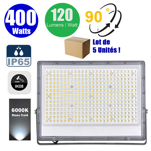 Lot de 5x Projecteurs LED filaires - Série PERLE V2 - 400 Watts - 48 000 Lumens - 120 Lumens/Watt - Angle 90° - IP65 - 6000K - 446 x 340 x 25 mm