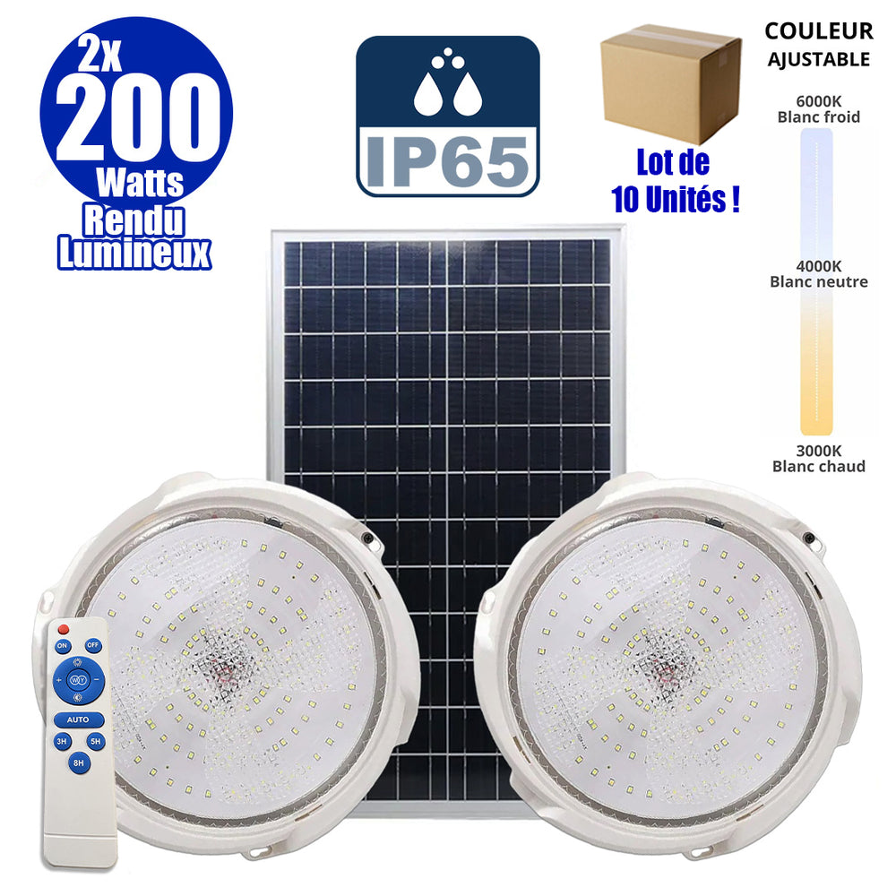 Lot de 10x Doubles Plafonniers LED Solaires CCT (Couleur Changeante en Température ) - Rendu lumineux 200 Watts - Série HOME DOUBLE 200 – 2x 1100 Lumens - Lampe diamètre 36 cm - Panneau solaire 70 x 35 x 2 cm - IP65 - Avec télécommande multifonctions