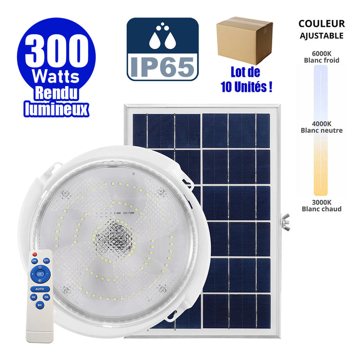 Lot de 10x Plafonniers LED Solaires CCT (Couleur Changeante en Température ) - Rendu lumineux 300 Watts - 1600 Lumens - Série HOME 300 – Lampe diamètre 36 cm - Panneau solaire 58 x 35 x 2cm - IP65 - Avec télécommande multifonctions