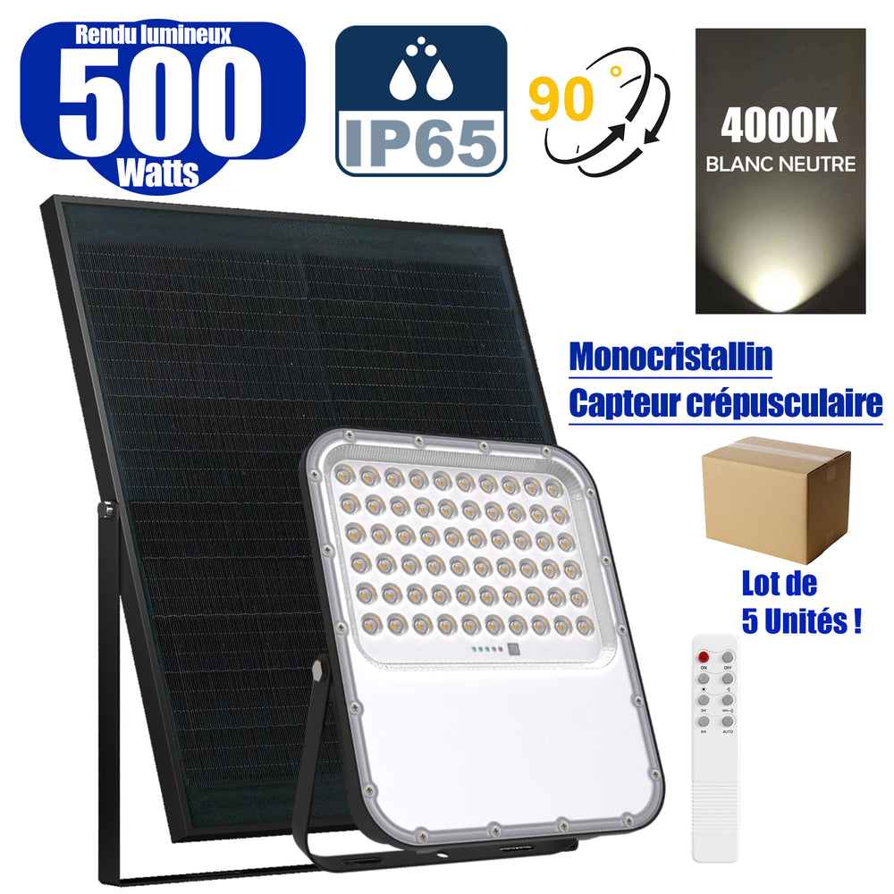 Lot de 5x Projecteurs LED solaires - Série BIG BOY V3 - 500 Watts - 2800 Lumens - 90° - IP65 - Lampe 28 x 23 x 5 cm - Panneau solaire MONOCRISTALLIN FULL BLACK 39 x 30 x 2 cm - Télécommande - 4000k - Structure ALUMINIUM