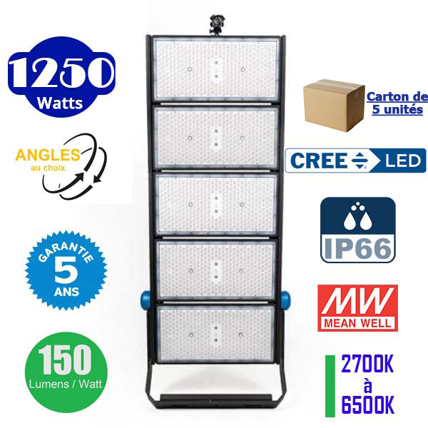 Carton / Lot de 5x Projecteurs haute puissance LED de stade - Série EXCEPTION - 1250 Watts - 187 500 Lumens - 150 Lumens/Watt - Angle 15°/30°/45°/60°/90°/120° au choix - 46 x 106 x 18 cm - IP66 - IK08 - Transformateur Meanwell- Garantie 5 ans