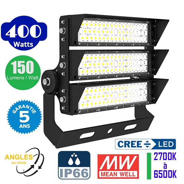 Projecteur haute puissance LED de stade - Série EXCEPTION - 400 Watts - 60 000 Lumens - 150 Lumens/Watt - Angle 20°/40°/60°/90° au choix - 44 x 38 x 11 cm - IP66 - IK08 - 2700k à 6500k - Transformateur Meanwell- Garantie 5 ans