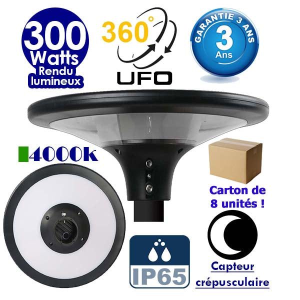 Carton / Lot de 8x Lampes solaires - Série OVNI SUN FLOWER 300 - Rendu lumineux 300 Watts - 2300 lumens - Diamètre tube d'insertion 60 mm - 4000k - Capteur crépusculaire - Mode automatique - Gestion de l’éclairage intelligent - Garantie 3 ans